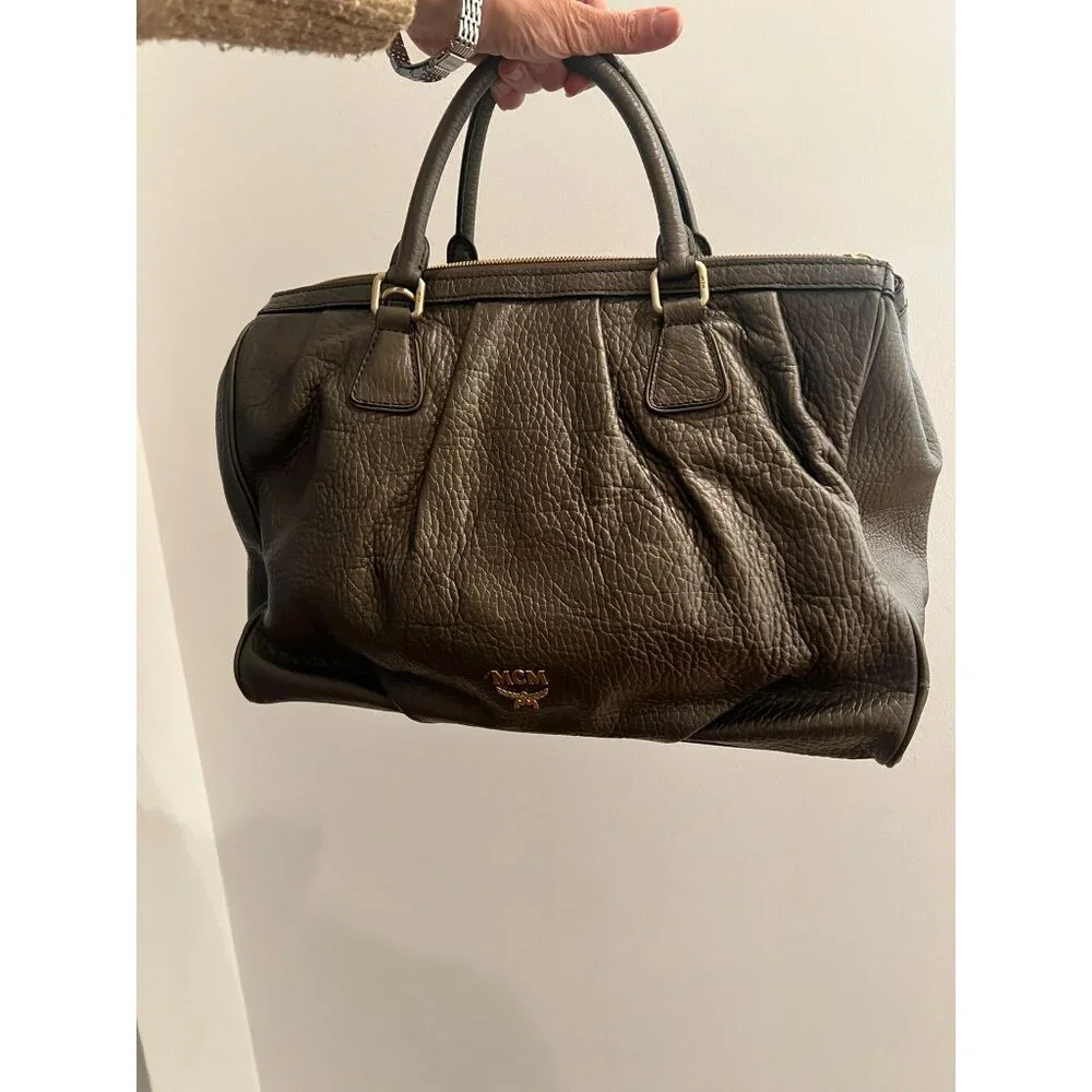 MCM Pebbled Leather Gray Satchel Bag
